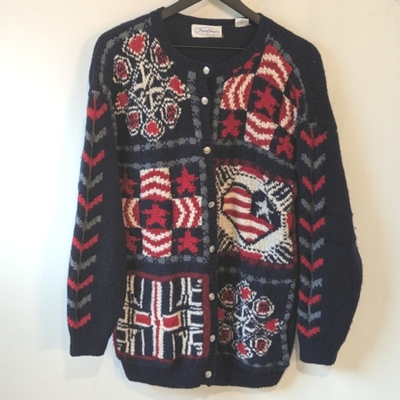 Vintage Jayson Younger 100% Wool Chunky Americana Patriotic Cardigan Sweater - Picture 1 of 6